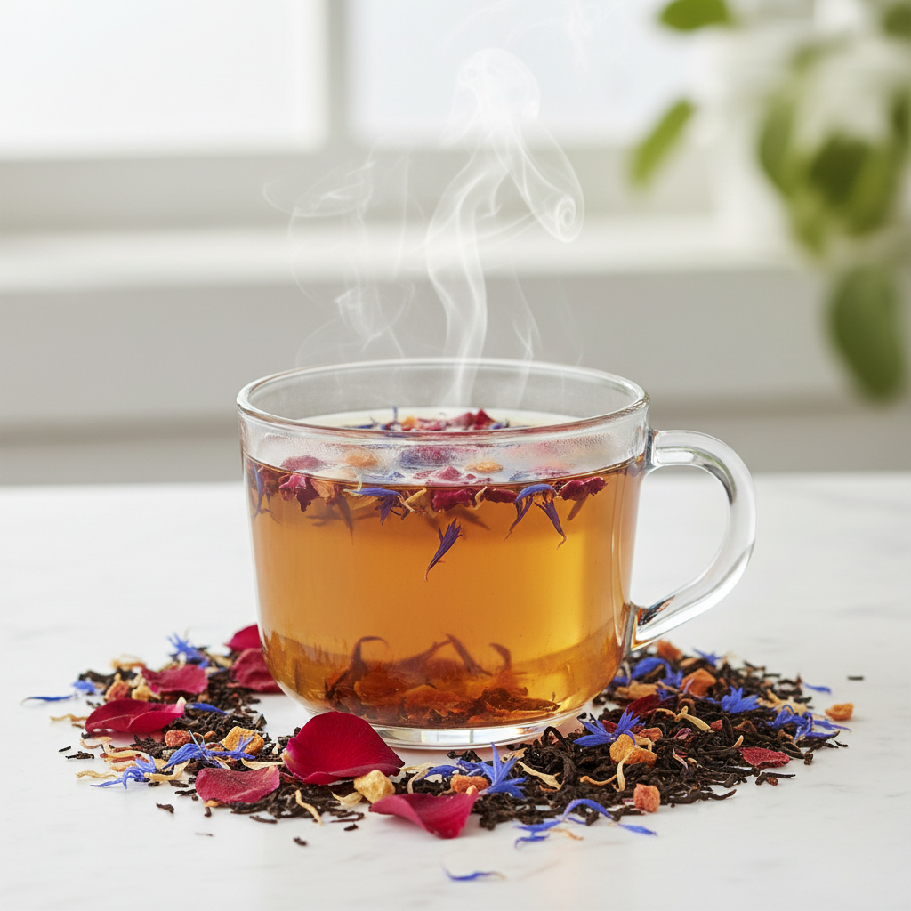 a brewed cup of peach paradise tea with these ingredients Black Tea, Red Rose Petals, Organic Cranberry Flavor , Organic Peach Flavor, Organic Orange Flavor, Blue Cornflower Petals