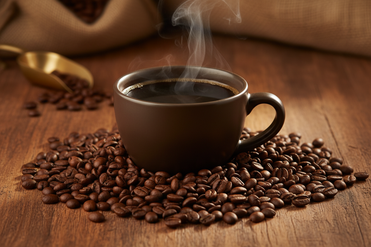 a cup of brewed coffee surrounded by coffee beans