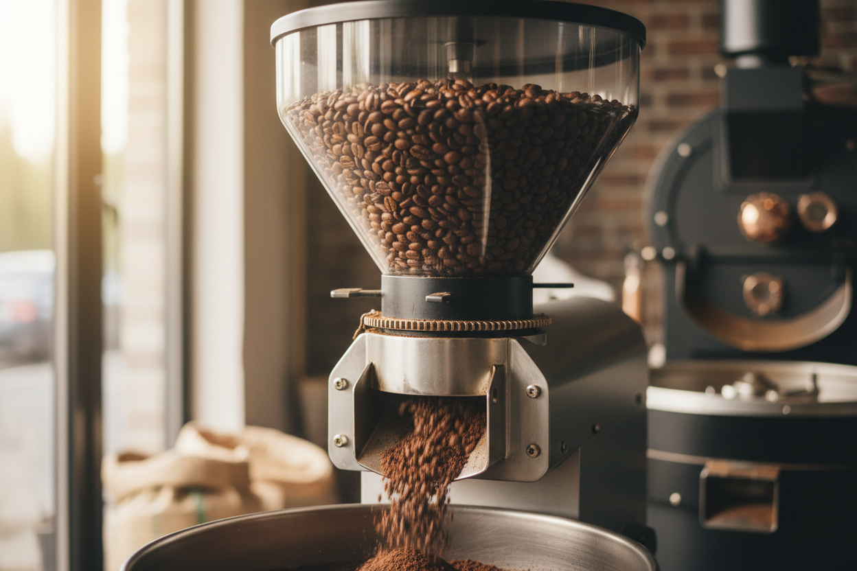 Generate an image of coffee beans being blended and ground by a coffee roaster