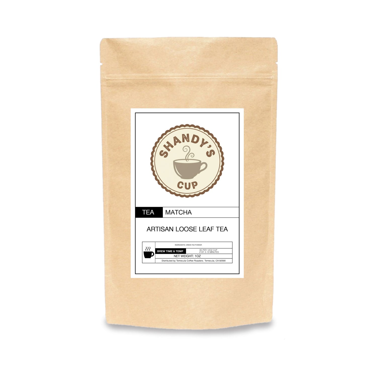 Kraft paper tea bag with 'Shandy's Cup' branding on a white background