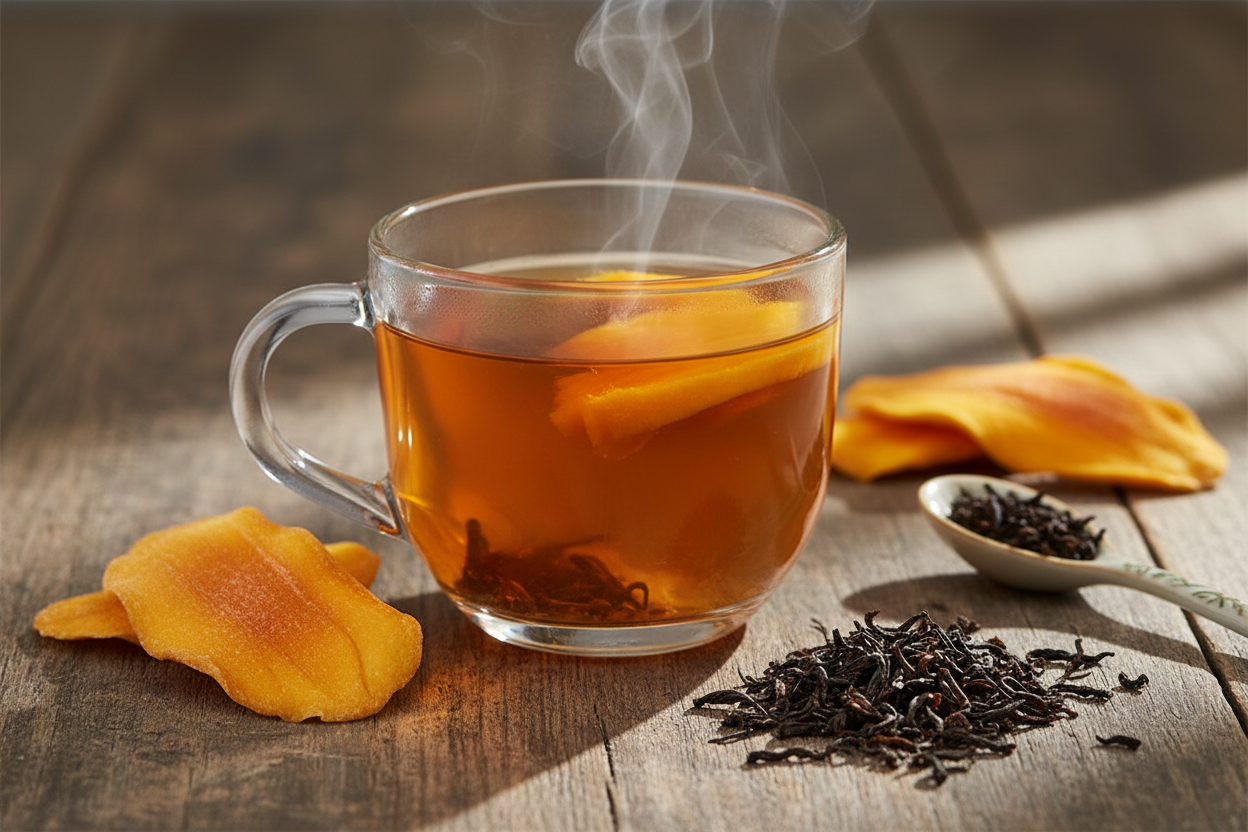 a brewed cup of mango treat black tea