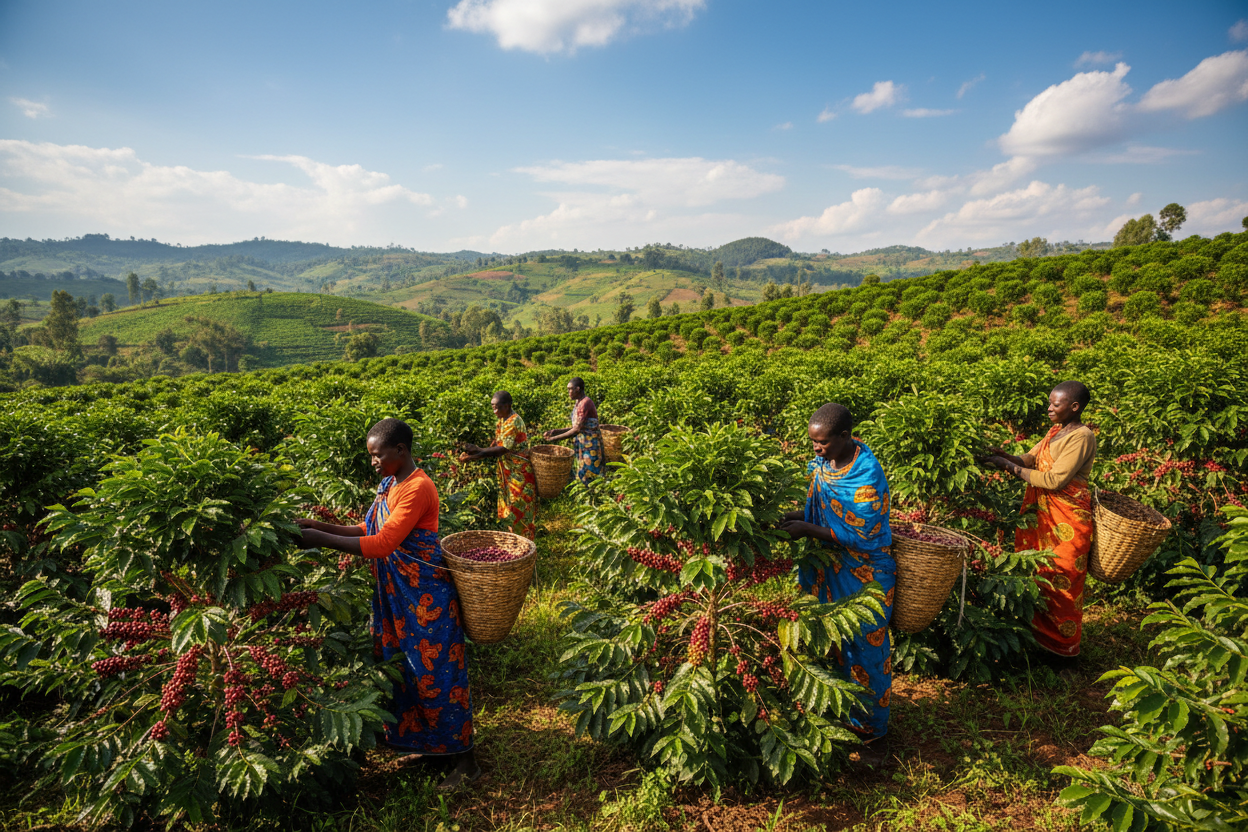 a coffee field with workers in uganda