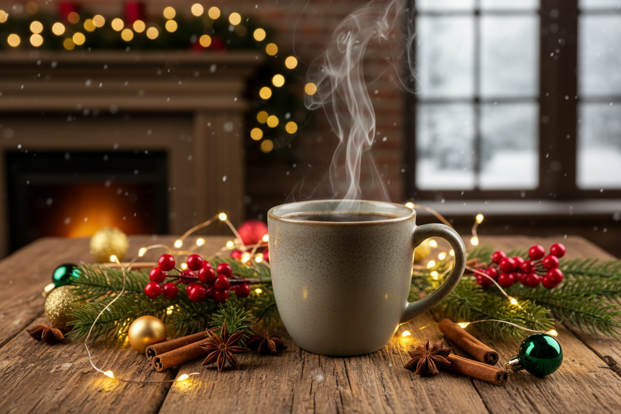 brewed coffee with holiday decorations around it