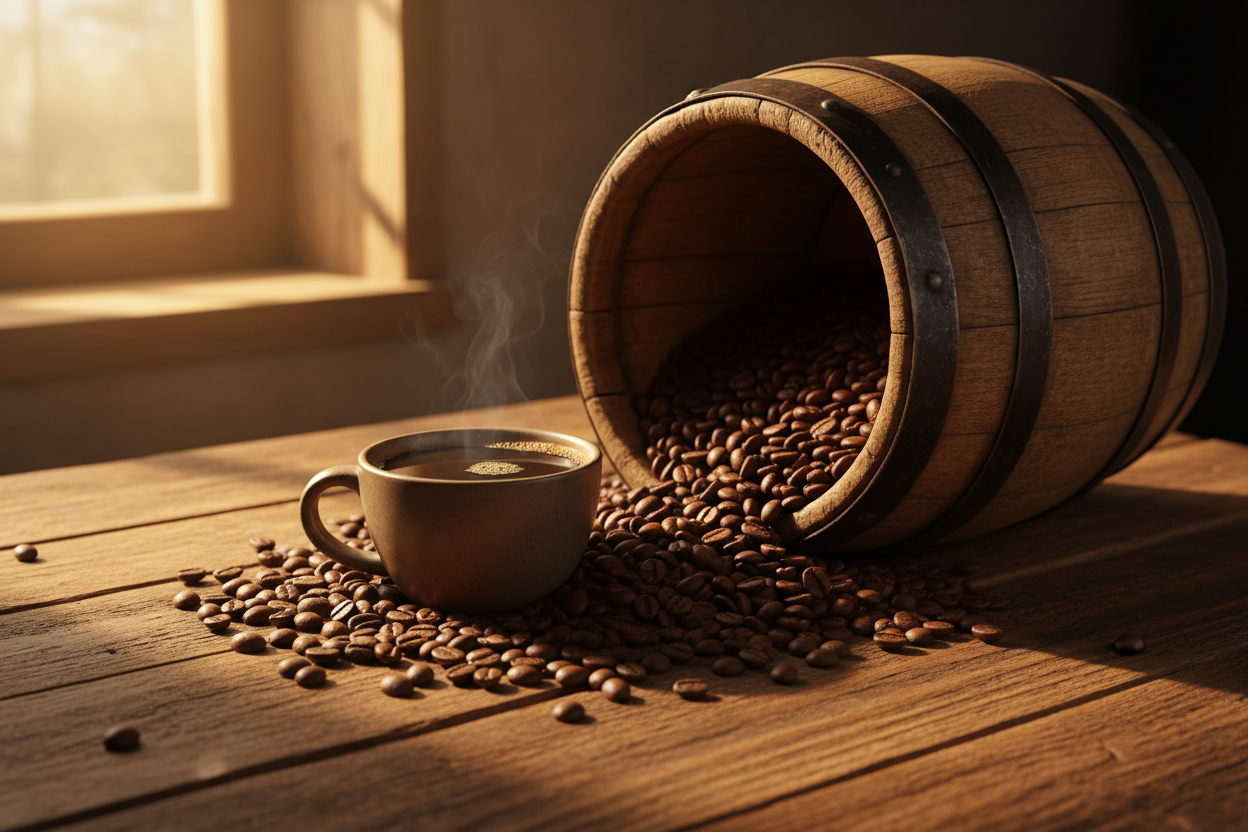 coffee cup with beans near a whiskey barrel full of coffee beans