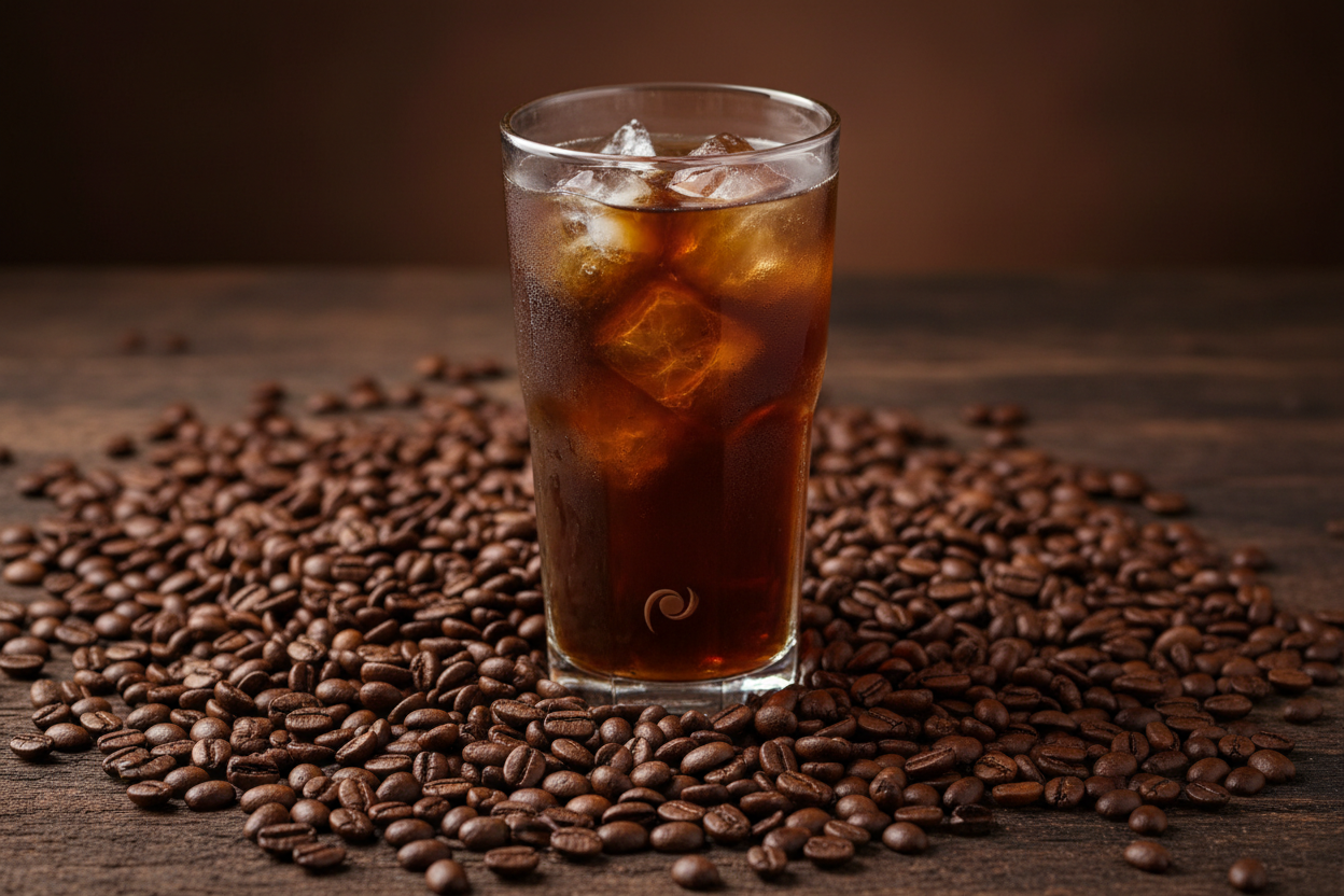cold brew coffee surrounded by coffee beans