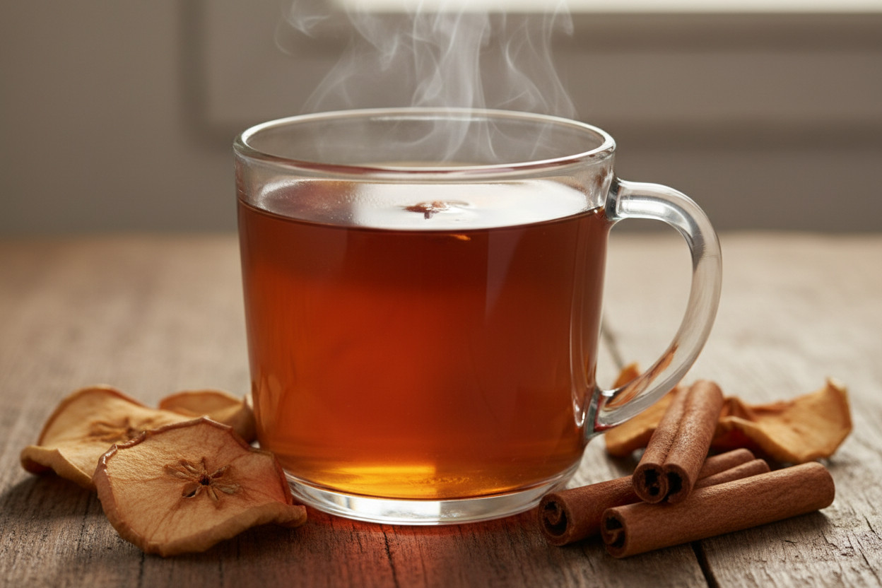 create an image of a brewed cup of apple cider rooibos tea