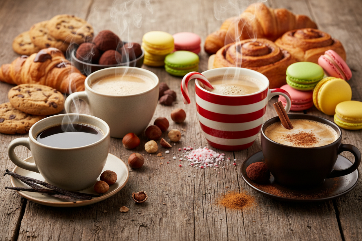create an image of brewed cup of french vanilla coffee, hazelnut coffee, candy cane coffee, cinnamon roll coffee and other sweet treats