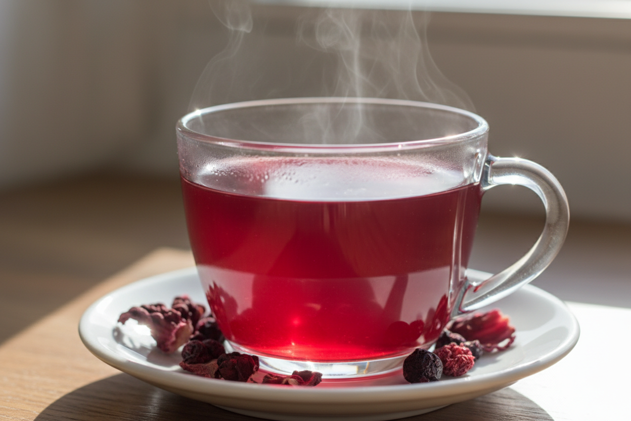 create image of brewed cup of hibiscus berry roobios tea