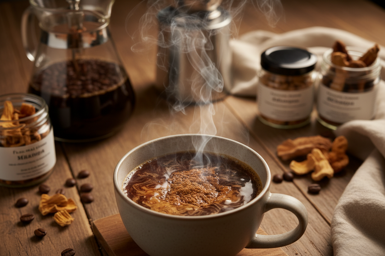 functional coffee with mushrooms brewed