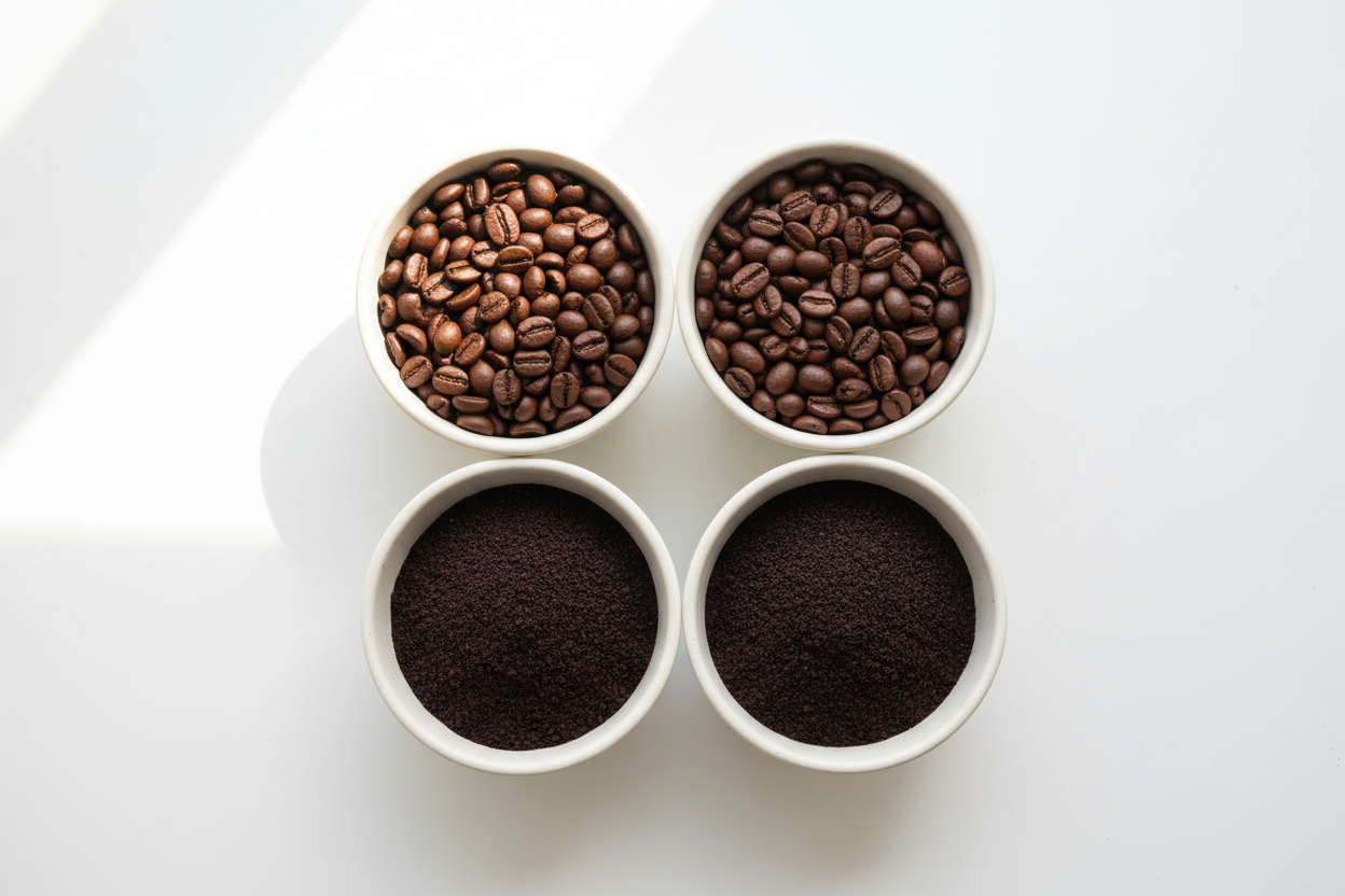 generate an image of 5 plain bowls with 2 filled with coffee beans and 3 filled with ground coffee
