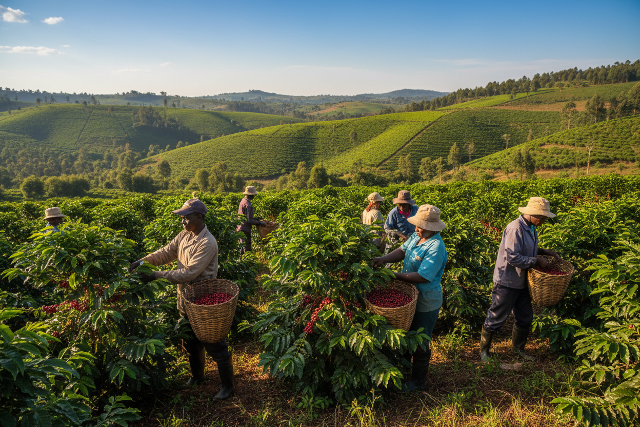 image of workers in a coffee field in tanzania