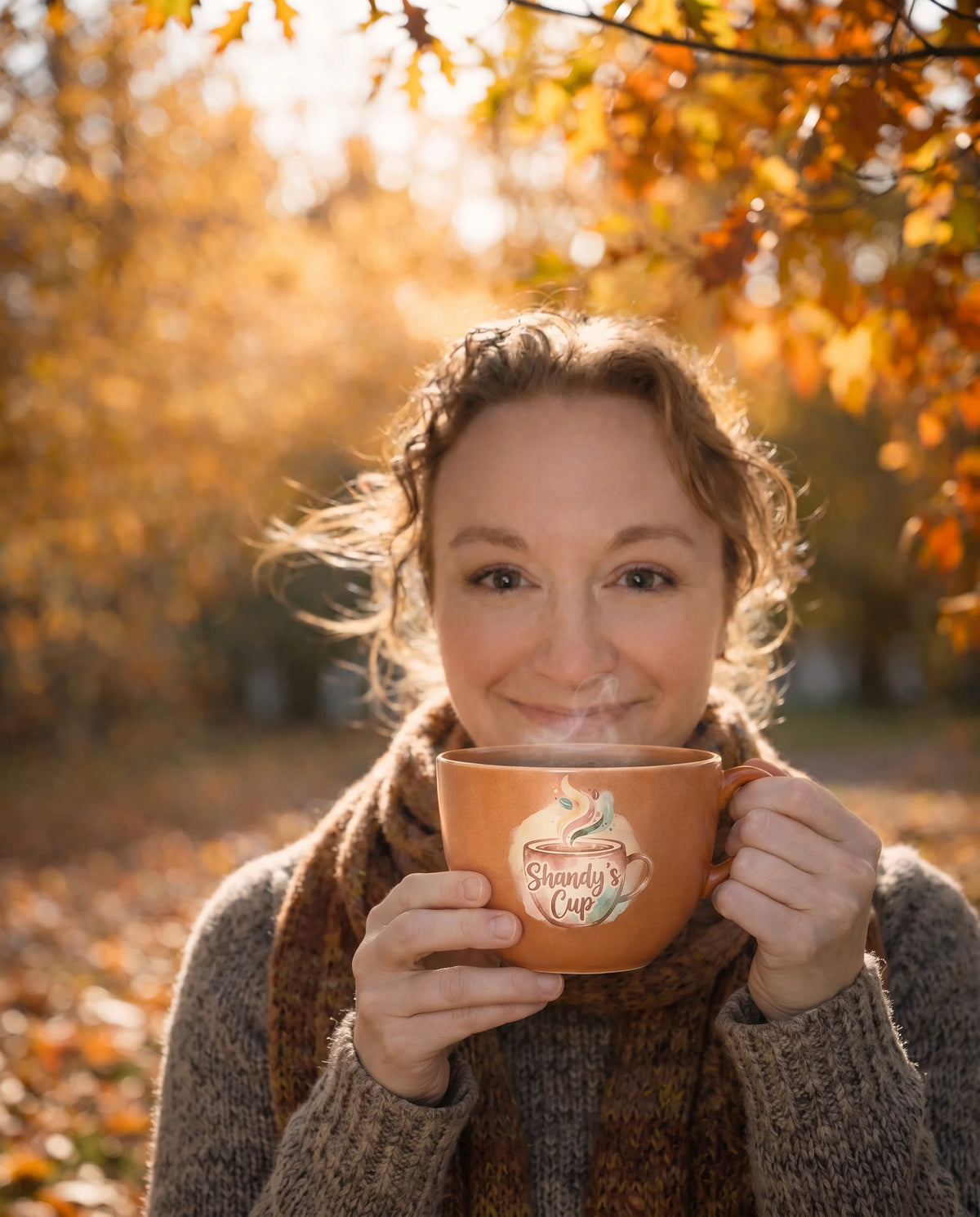 A woman in a cozy knit sweater and brown scarf holds a terracotta-colored ceramic mug with a 'Shiny's Cafe' logo, set against a warm, sunlit autumn background of orange leaves.